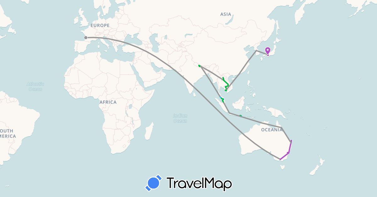 TravelMap itinerary: driving, bus, plane, train, boat, motorbike in Australia, France, Hong Kong, Indonesia, Japan, Cambodia, South Korea, Laos, Malaysia, Nepal (Asia, Europe, Oceania)